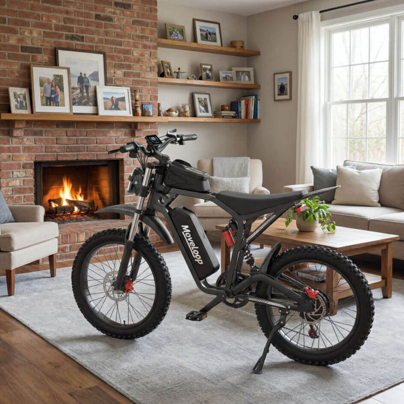 Electric bike in a living room with a fireplace and shelves. Moveloop T1 Ultra Electric Bike for Adults 3000W Peak Motor 48V 20AH 35 MPH 40-80 Miles All Terrain Fat Tire Electric Mountain Bike
