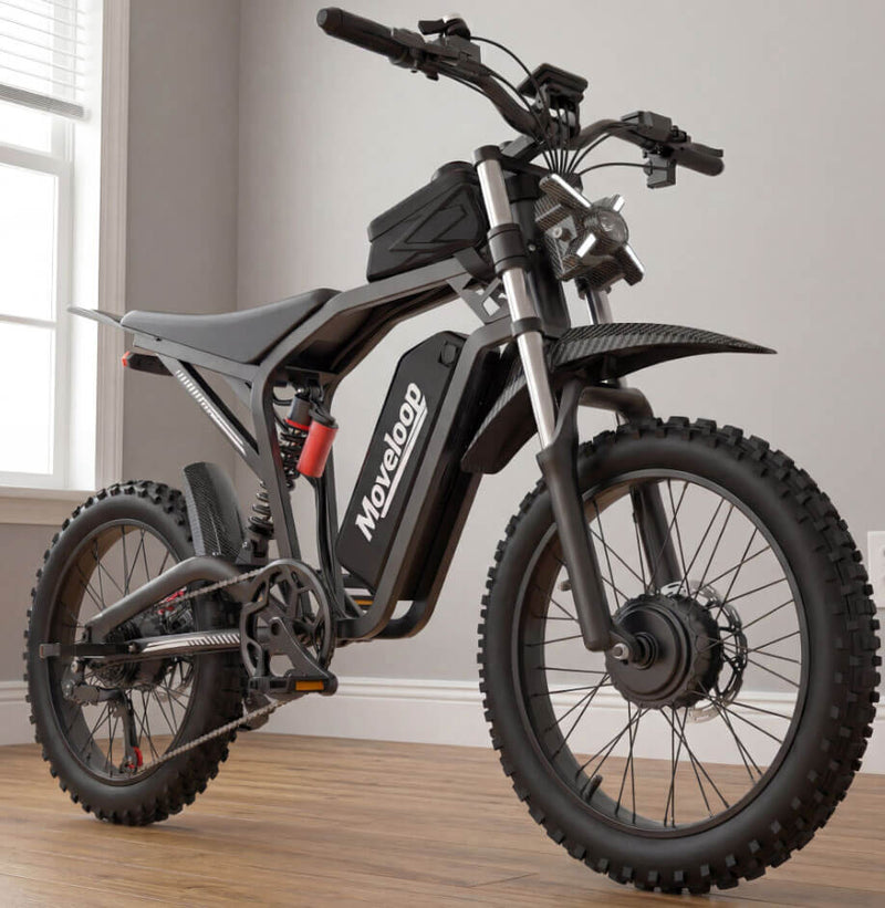 Electric bike with 'Mopedog' branding on a wooden floor. Moveloop T1 Ultra Electric Bike for Adults 3000W Peak Motor 48V 20AH 35 MPH 40-80 Miles All Terrain Fat Tire Electric Mountain Bike